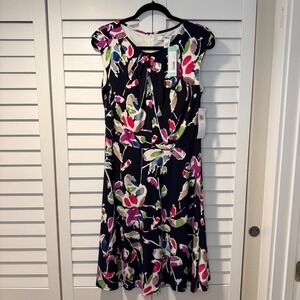 Wisp Navy Blue Floral Print Ceena Jersey Knit Knee Length Dress Women's 12 New